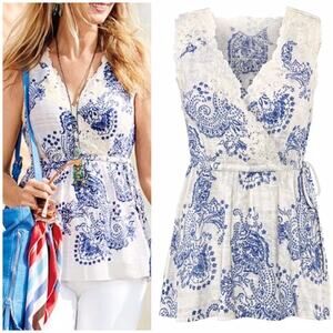 CAbi Veranda White Blue Paisley Swirl Crochet Lace Tank Top 5223 Size Small